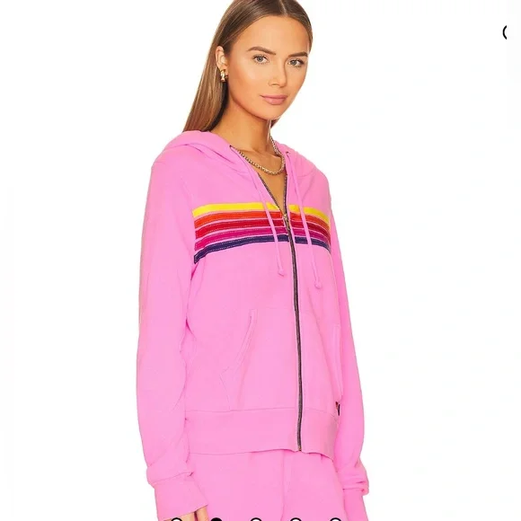 NWT AVIATOR NATION 5 Stripe Zip Hoodie in Neon Pink, Yellow, & Purple - XS - Picture 4 of 6